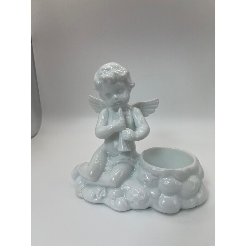 2 White Glazed Porcelain Cherub Putti Cupid Taper Candle Holder Victorian